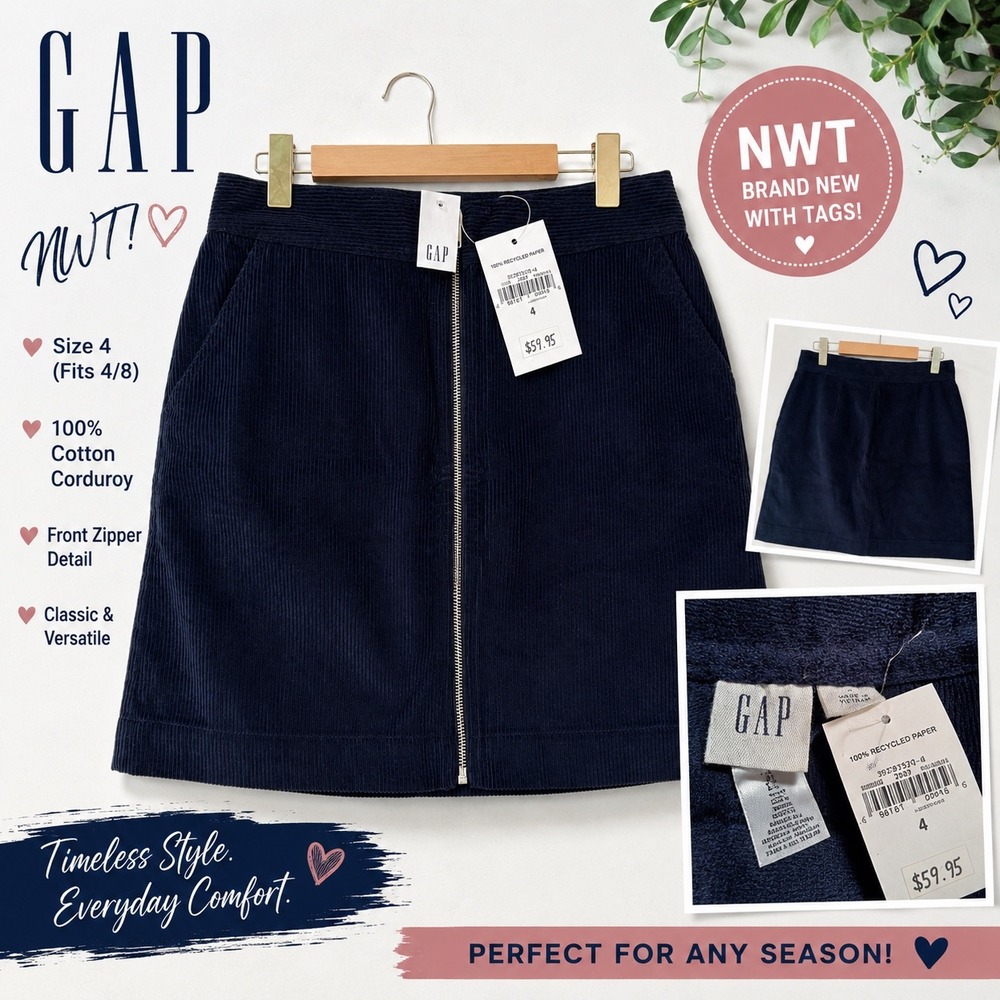 Gap Navy Blue Corduroy Mini Skirt Front Zip Pockets Cotton Size 4 NWT